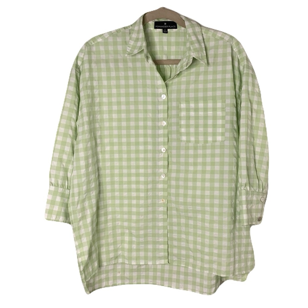 Pomander Place Women’s Small Light Green & White Gingham Checkered Button Top